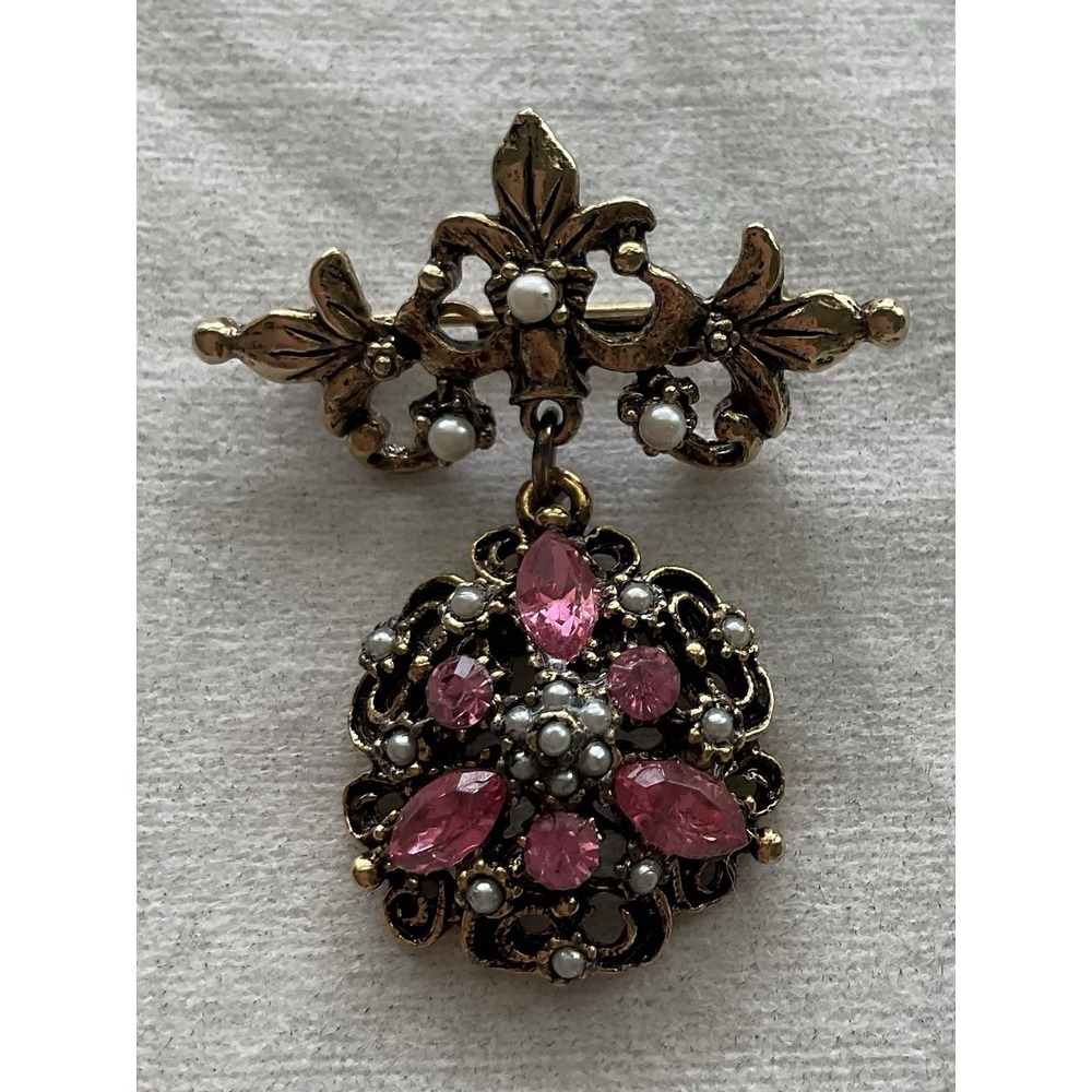 Vintage Gold Tone Brooch Dangling Pink Rhinestone Faux Pearl Estate Jewelry